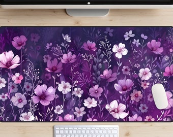 Purple Wildflowers Desk Mat, Cottagecore Desk Pad, Purple Gradient Mousepad, Trendy Workspace, Botanical Art Nouveau Laptop Mat, Royal