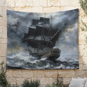 Tapiz de barco pirata con mares tormentosos, tapiz vintage de barco en el mar, decoración de pared de vela, arte de pared de paisaje marino, tela de fondo oceánico, vela