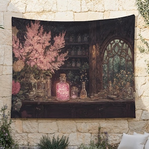 The White Witch&#39;s Cottage Tapestry, Healer Wall Hanging, White Magic Wall Cloth, Enchanting Background Cloth, Pink Flowers Cloth Hanging