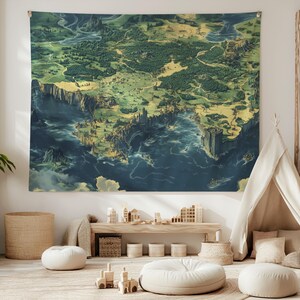 Fantasy World Map Tapestry, Overworld Wall Hanging, Open World Game Cloth Hanging, RPG Wall Decor, Adventure Video Game Wall Art, Realm