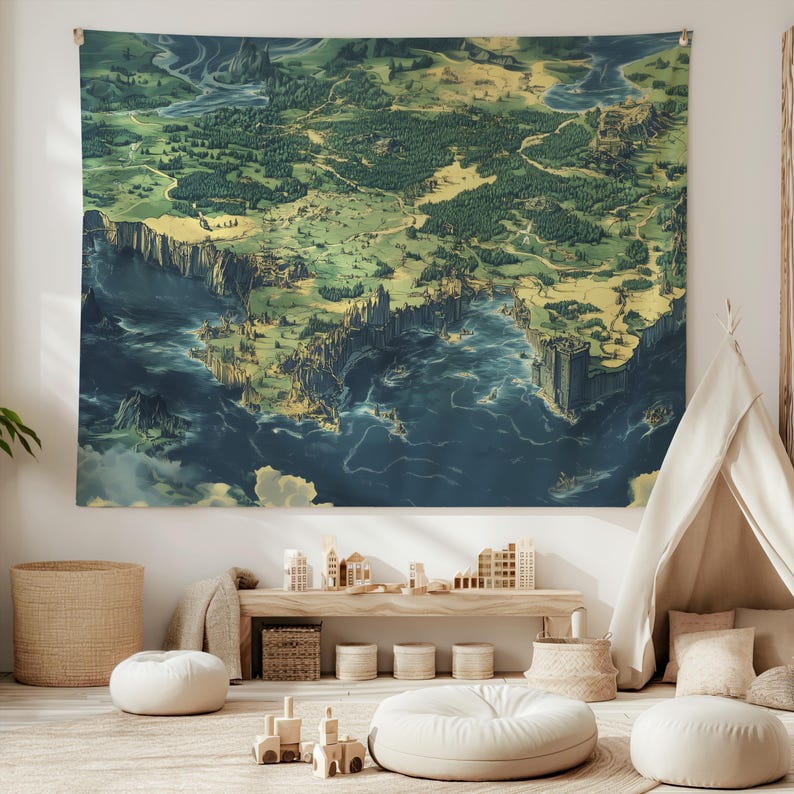 Fantasy World Map Tapestry, Overworld Wall Hanging, Open World Game Cloth Hanging, RPG Wall Decor, Adventure Video Game Wall Art, Realm