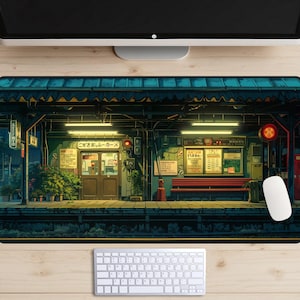 Ländliche Japan Zug Station Schreibtischunterlage, Lofi, japanische Zughaltestelle, Kleinstadt Reise Mousepad, Vintage Vibes, Old School Ästhetik, gemütliches Dekor
