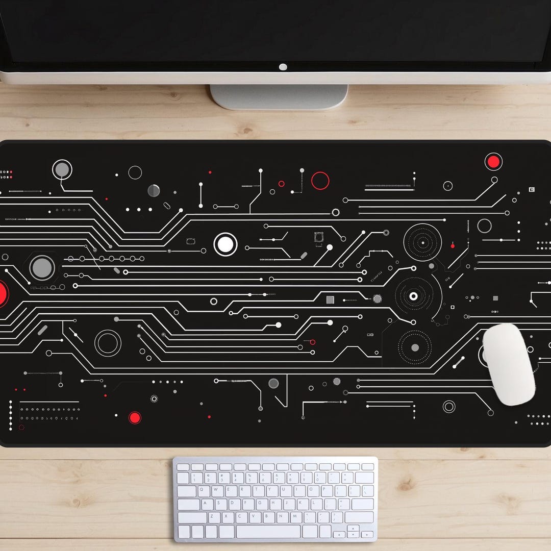 Computer Building Bench Mat Minimalist Circuit Board Desk Mat, Cybercore Black & Red Mouse Pad ...