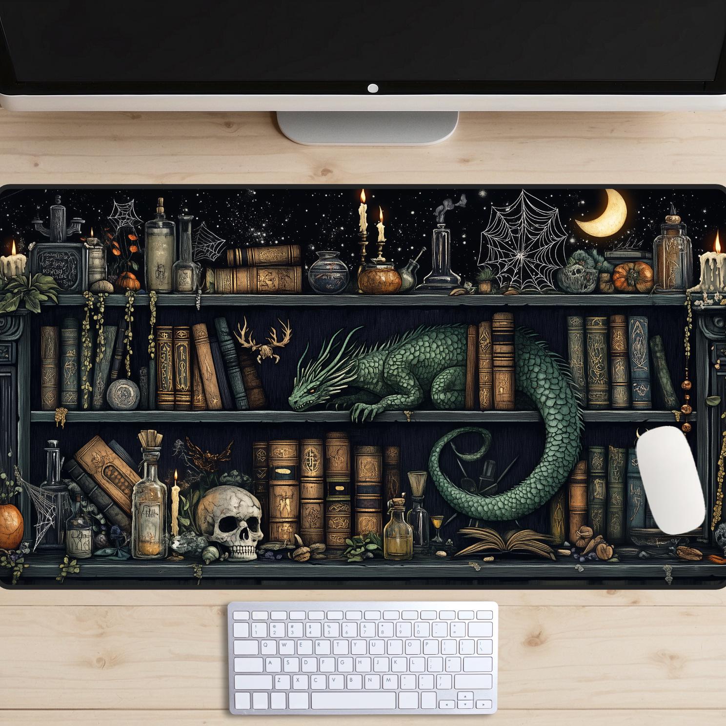 Wizard's Bookshelf Desk Mat, Vintage Fantasy Bookcase Desk Pad, Sorcerer's Library Mousepad, Witchy Potion Shop Desk Topper, Cottagecore
