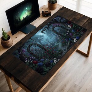 Moonlit Gate & Flowers Desk Mat, Gothic Forest Pentacle Mouse Pad, Magical Night Garden XL Mat, Witchy Woods Path Computer Mat