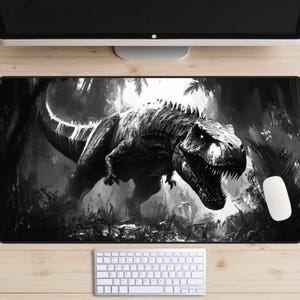 T-Rex Desk Mat, Tyrannosaurus Rex Desk Topper, Prehistoric Jungle Desk Pad, Dinosaur Mousepad, Black and White, Dino Lover Gift, Cinematic