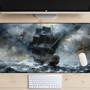 Stürmische See Piratenschiff Schreibtischmatte, Vintage Schiff auf Meer Gemälde Schreibtischunterlage, Segeln Mousepad, Meerlandschaft Schreibtischaufsatz, Ozean Laptop Matte, Boot