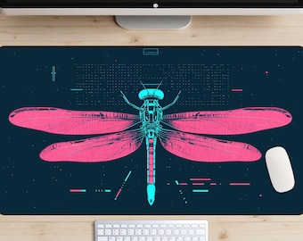 Neon Cyber Dragonfly Desk Mat, Pink and Blue Dragon Fly Desk Pad, Cyberpunk Aesthetic Desk Topper, Sci Fi Mousepad, Futuristic Decor, Aqua