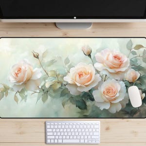 May include: A watercolor painting of white roses with green leaves on a light green background. The roses are in various stages of bloom, with some fully open and others still in bud.
