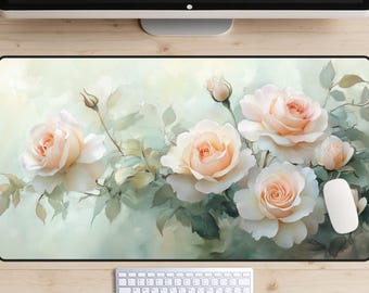 Tapete de escritorio con rosas suaves de la mañana, rosa pálido sobre un fondo verde suave, tapete de escritorio con un ambiente matutino acogedor, tapete de ratón elegante, espacio de trabajo moderno, escritorio femenino