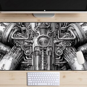 Może przedstawiać: Czarno-biała podkładka pod mysz komputerową z szczegółowym mechanicznym wzorem. Podkładka prezentuje złożony układ rur, kół zębatych i elementów przemysłowych, tworząc futurystyczną, techniczną estetykę. Widoczna jest biała mysz i klawiatura.