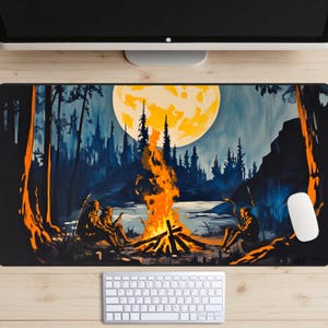 Elvish Hunting Party Desk Mat, High Fantasy Paperback Novel Art Desk Pad, Full Moon Bonfire Desk Topper, Elves Camping Mousepad, Woodlands