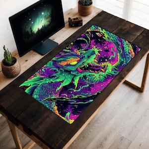 Wild Neon Dragon Desk Mat, Rad 90's Desk Pad, Vibrant Purple and Green Desk Topper, Cyberpunk Style Graffiti Mousepad, Urban Pop Art, Gaming