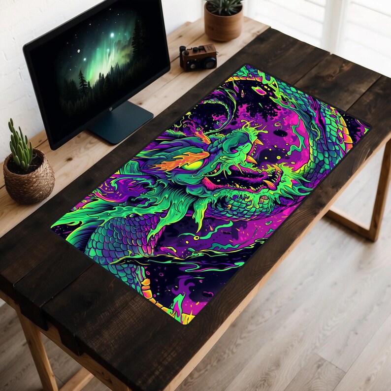 Wild Neon Dragon Desk Mat, Rad 90's Desk Pad, Vibrant Purple and Green Desk Topper, Cyberpunk Style Graffiti Mousepad, Urban Pop Art, Gaming