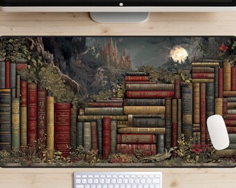 Fantasy Books Desk Mat, Fantasy Book Reader Desk Pad, Dark Academia Desk Topper, Stacks of Books Mousepad, Magical Woodlands Laptop Mat