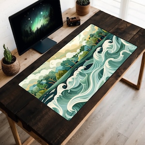 May include: A green and blue illustrated desk mat featuring a stylized landscape with waves crashing on a shoreline. The mat is on a wooden desk with a computer monitor and a potted plant.