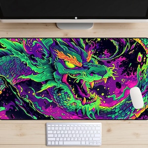 Wild Neon Dragon Desk Mat, Rad 90's Desk Pad, Vibrant Purple and Green Desk Topper, Cyberpunk Style Graffiti Mousepad, Urban Pop Art, Gaming