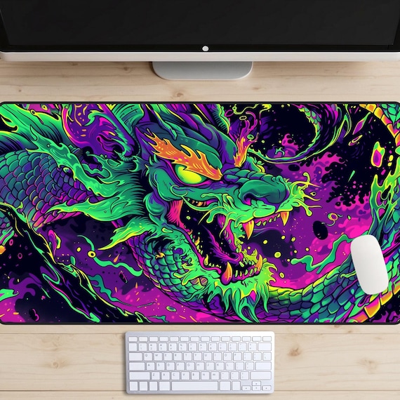 Wild Neon Dragon Desk Mat, Rad 90's Desk Pad, Vibrant Purple and Green Desk Topper, Cyberpunk Style Graffiti Mousepad, Urban Pop Art, Gaming