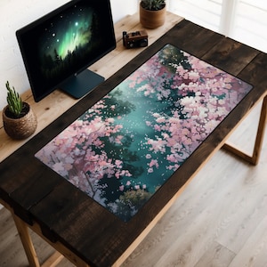 Tapis de bureau pétales de fleurs de cerisier qui tombent, sous-plateau de bureau fleurs sakura, tapis de souris flux doux, dessus de bureau Lofi, tapis d'ordinateur portable fleurs roses, jardin zen