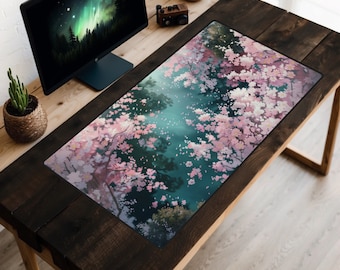 Falling Cherry Blossom Petals Desk Mat, Sakura Flower Desk Pad, Gentle Stream Mousepad, Lofi Desk Topper, Pink Flower Laptop Mat, Zen Garden