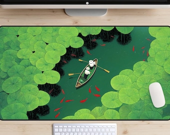Alfombrilla de escritorio con diseño de río y peces koi, alfombrilla de escritorio con estanque de koi, cubreescritorio con nenúfares verdes, decoración de oficina relajante, alfombrilla de ratón con temática de calma, alfombrilla para portátil con motivos exóticos