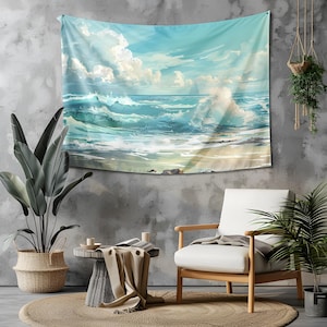 Vintage Seascape Tapestry, Sea Painting Wall Hanging, Ocean Tapestries, Blue Waves Wall Art, Beach Wall Decor, Seaside Background Cloth