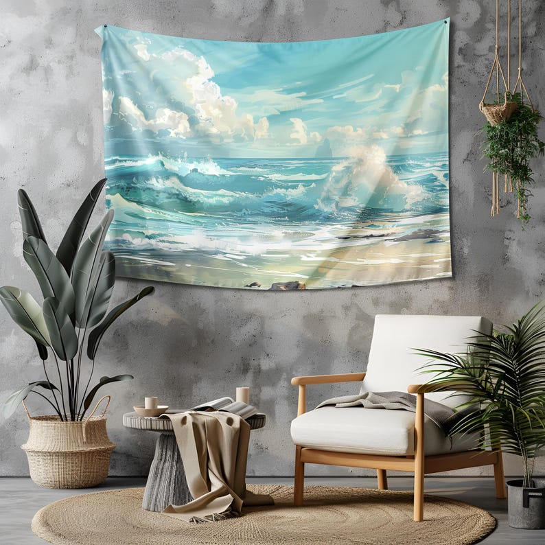 Vintage Seascape Tapestry, Sea Painting Wall Hanging, Ocean Tapestries, Blue Waves Wall Art, Beach Wall Decor, Seaside Background Cloth