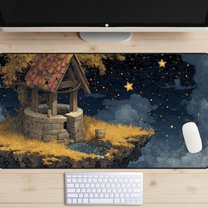 May include: A rectangular mouse pad featuring a detailed illustration of a well with a red-tiled roof, set against a night sky with stars and clouds. The well is made of stone, and the scene has a whimsical, storybook aesthetic. A white mouse and keyboard are visible.