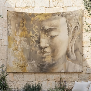 The Stillness Within Tapestry, Golden Buddha Wall Hanging, Buddhist Cloth Hanging, Buddhism Wall Cloth, Buddha Statue Wall Art, Tibet Art
