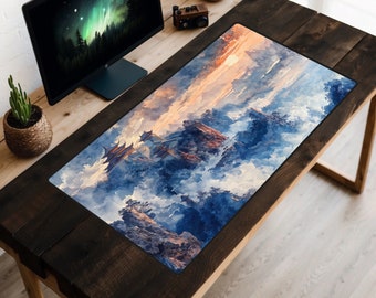 Tapis de bureau japonais Lever de soleil, sous-vêtement fantastique, dessus de bureau nuages, tapis de souris paysage nuageux, décoration de bureau peinture épique, espace de travail d'art asiatique, jeux vidéo