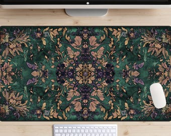 Violet and Jade Persian Desk Mat, Rich Green and Deep Purple Desk Pad, Medieval Castle Decor Desk Topper, Cottagecore Pattern, Wildflowers