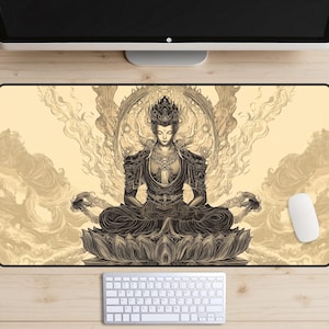 Lotus-meditatie-bureaumat, meditatie-bureaublad, Boeddha-bureaublad, boeddhistisch standbeeld-muismat, fantasy-laptopmat, monnik-bureaumat, mindfulness