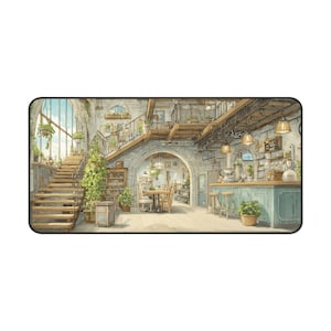 Lofi Cafe Desk Mat, Watercolor Aesthetic Gaming Mouse Pad, Cozy Cafe Large Desk Pad, Studio Ghibli Inspired Office Decor, Gamer Gift image 7
