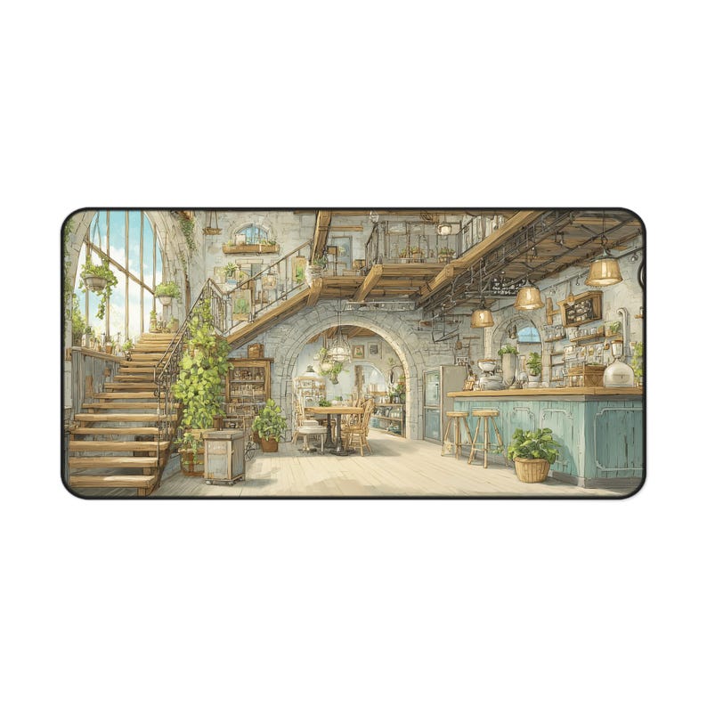 Lofi Cafe Desk Mat, Watercolor Aesthetic Gaming Mouse Pad, Cozy Cafe Large Desk Pad, Studio Ghibli Inspired Office Decor, Gamer Gift image 7