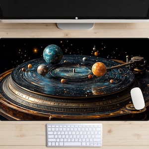 Kosmische Plattenspieler-Schreibtischmatte, Plattenspieler-Schreibtischunterlage, Vintage-Musikliebhaber-Schreibtischauflage, musikalisches Universum Mousepad, Sterne und Planeten