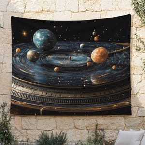 May include: A tapestry featuring a vintage record player with a galaxy design. The record player has a gold rim and a black record with a swirling galaxy pattern. The galaxy is filled with stars and planets, including a large blue planet, a smaller orange planet, and a few smaller white planets.