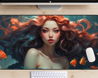 Tapete de escritorio con diseño de sirena encantadora, tapete de escritorio Mermaidcore, tapete de escritorio oceánico, tapete de ratón playero, tapete de escritorio con diseño de peces, tapete de juego costero, tapete de escritorio submarino