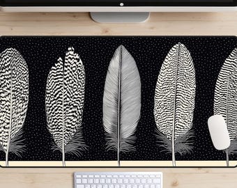 Boho Quail Feathers Desk Mat, Minimalist Desk Pad, Boho Chic Mousepad, Modern Art Feather Desk Topper, Neutral Colors, Beige, Cream, Clean