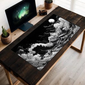 Tapete de mesa Night Waves, Tapete de mesa Dark Ocean, Topper de mesa preto e branco, Mousepad Crashing Wave, Tapete para laptop Full Moon, Paisagem marinha, Pintura marinha