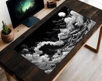 Night Waves Desk Mat, Dark Ocean Desk Pad, Black and White Desk Topper, Crashing Wave Mousepad, Full Moon Laptop Mat, Seascape, Sea Painting