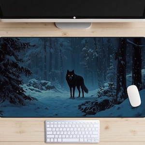 Tapis de bureau loup noir, sous-vêtement enneigé, dessus de bureau loup solitaire, tapis de souris conte de fées, tapis pour ordinateur portable bleu foncé, tapis de jeu MTG, configuration gaming