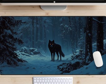Black Wolf Desk Mat, Snowy Woods Desk Pad, Lone Wolf Desk Topper, Fairy Tale Mousepad, Dark Blue Laptop Mat, MTG Play Mat, Gaming Setup