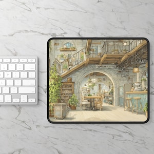 May include: A rectangular mousepad featuring a detailed illustration of a cafe interior with a staircase, arched doorways, and wooden beams. The color palette includes shades of beige, brown, and green, creating a warm and inviting atmosphere. A white keyboard is visible on the left.