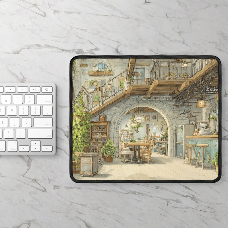 May include: A rectangular mousepad featuring a detailed illustration of a cafe interior with a staircase, arched doorways, and wooden beams. The color palette includes shades of beige, brown, and green, creating a warm and inviting atmosphere. A white keyboard is visible on the left.