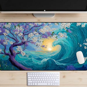 Aesthetic Ocean Seascape Desk Mat, Blue Waves Desk Pad, Purple Tree Desk Topper, Sunrise Mousepad, Beach Laptop Mat, Sea Lover Desk Mat