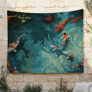 鯉のタペストリー、鯉の池の壁掛け、金魚の壁アート、禅画の背景布、青い水の壁装飾、落ち着いたオフィスのタペストリー