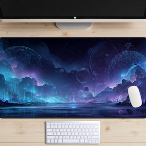 May include: A rectangular mouse pad featuring a digital art landscape with a celestial theme. The design showcases a vibrant color palette of blues, purples, and pinks, with a futuristic city silhouette and a white mouse and keyboard.