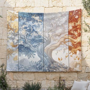May include: A large tapestry depicting a stylized tree divided into four sections, each representing a different season. The sections feature colors of gold, blue, gray, and red, with detailed branches and foliage. The tapestry is hanging on a stone wall.