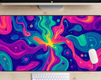 May include: A colorful abstract design mousepad with a swirling pattern of pink, blue, green, and yellow on a dark blue background. The design resembles a galaxy with stars and planets.