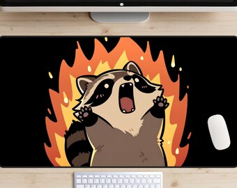 Fire Raccoon Desk Mat, Raccoon On Fire TCG Card Play Mat, Unhinged Desk Pad, Trash Panda Mousepad, Funny Laptop Mat, Chaos Raccoon Deskmat